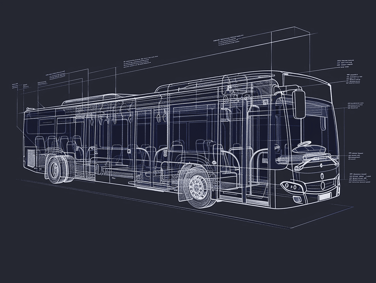 Rysunek techniczny autobusu na niebieskim tle
