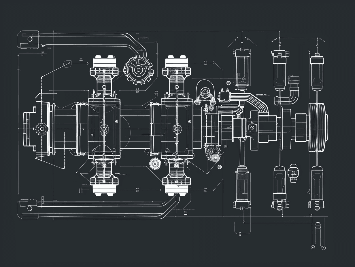 Rysunek techniczny układu mechanicznego na czarnym tle